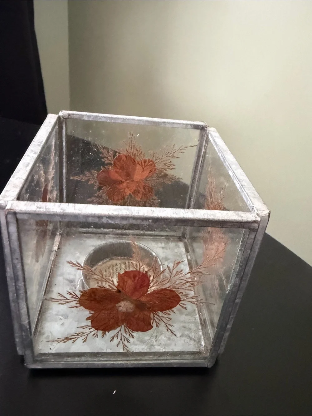 Pier 1 Imports Decorative Pressed Flower Glass Cube Candle Holder